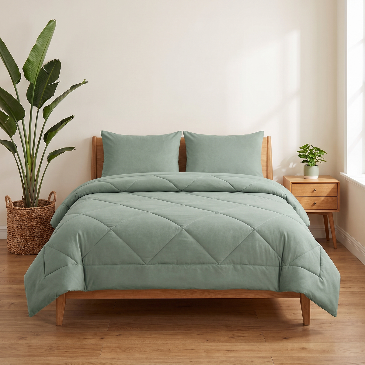 Couette 2-en-1 Kavenlia vert menthe sur un lit, sans draps